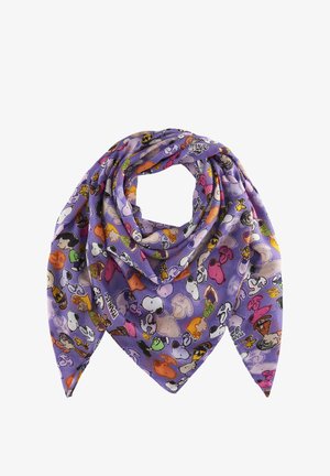 Purple scarf made from lightweight fabric, featuring a repeated pattern of Peanuts characters in various colors and poses. Triangular shape.