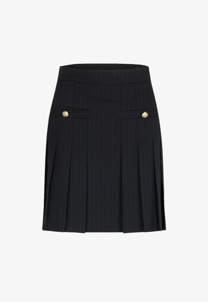 Mini gonna nera a righe con pieghe, dotata di due tasche frontali e bottoni dorati. Tessuto liscio e design sartoriale.