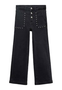 Svarta denimvidbyxor med hög midja, femficksdesign, metallknappar och nitar längs fickorna.