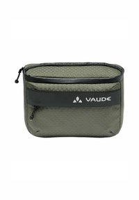 Borsetta rettangolare di colore verde oliva con superficie texturizzata, chiusura con zip nera e tracolla personalizzata con il logo VAUDE.