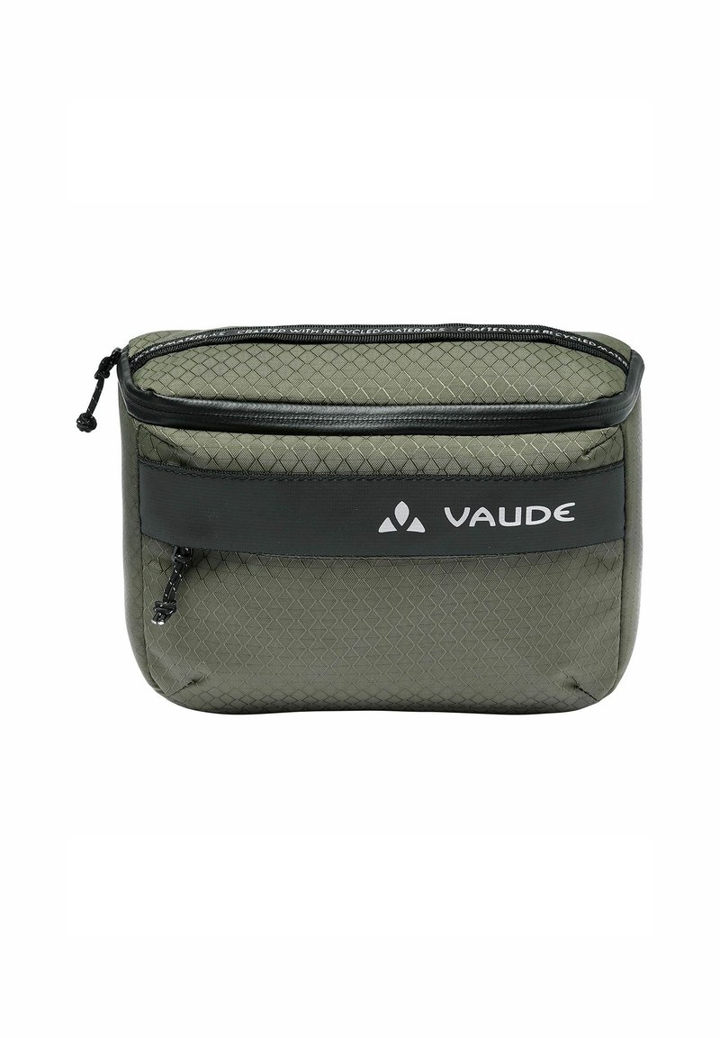 Borsetta rettangolare di colore verde oliva con superficie texturizzata, chiusura con zip nera e tracolla personalizzata con il logo VAUDE.