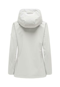 Giacca grigia chiara con cappuccio, maniche lunghe, vita leggermente sagomata e una piccola toppa del marchio sul retro del cappuccio, vista da dietro.