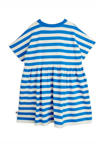 Φόρεμα με κοντά μανίκια, οριζόντιες μπλε και λευκές ρίγες και σφηκωτή μέση, με στρογγυλή λαιμόκοψη και μικρή υφασμάτινη ετικέτα στο πλάι.