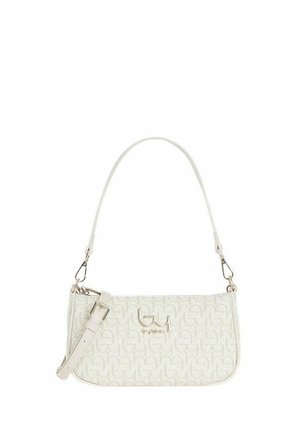 Borsa a spalla bianca con motivo a logo ripetuto, tracolla regolabile, dettagli in metallo argentato e logo GG metallico sulla parte anteriore.