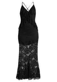 Vestido negro de encaje con una silueta ajustada y acentos con volantes a lo largo del corpiño, y un dobladillo inferior de encaje transparente, complementado con tirantes ajustables.