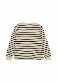 Camicia a maniche lunghe color crema con righe orizzontali blu navy, polsini a coste e scollatura rotonda, con fessure laterali all'orlo.