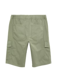 Khaki Cargo-Shorts aus Baumwollmischung, mit elastischem Bund, zwei Gesäßtaschen und zwei seitlichen Cargo-Taschen für zusätzlichen Stauraum.