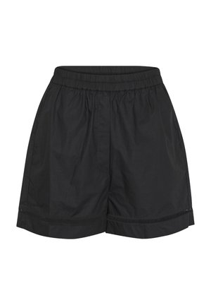Svarta shorts i lättviktig tygkonstruktion, med elastisk midja, mjuk textur och en subtil dekorativ kant längs nederkanten.