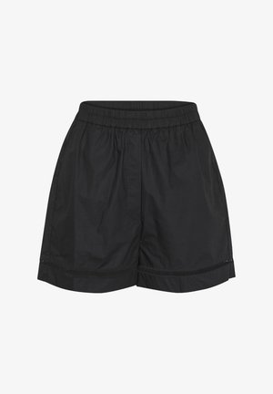 Schwarze Shorts aus leichtem Stoff, mit einem elastischen Bund, glatter Textur und einem dezenten dekorativen Saum.