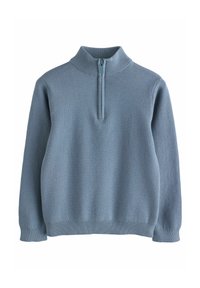 Pullover azzurro chiaro con colletto alto e zip a quarto. Tessuto lavorato a maglia morbido e testurizzato. Polsini e orlo a coste.