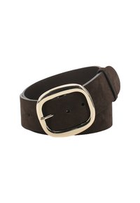 Brown suede belt with a wide strap, featuring a square gold-tone buckle and multiple holes for adjustment. Smooth interior finish.