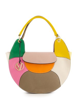 Colorful leather handbag featuring a round shape with patches in green, pink, orange, beige, and yellow; includes a gold-tone logo accent.