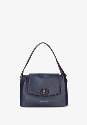 Sac à main en cuir bleu marine avec une finition texturée, une quincaillerie dorée et une fermeture à rabat. Comprend une seule poignée supérieure et un détail de logo.