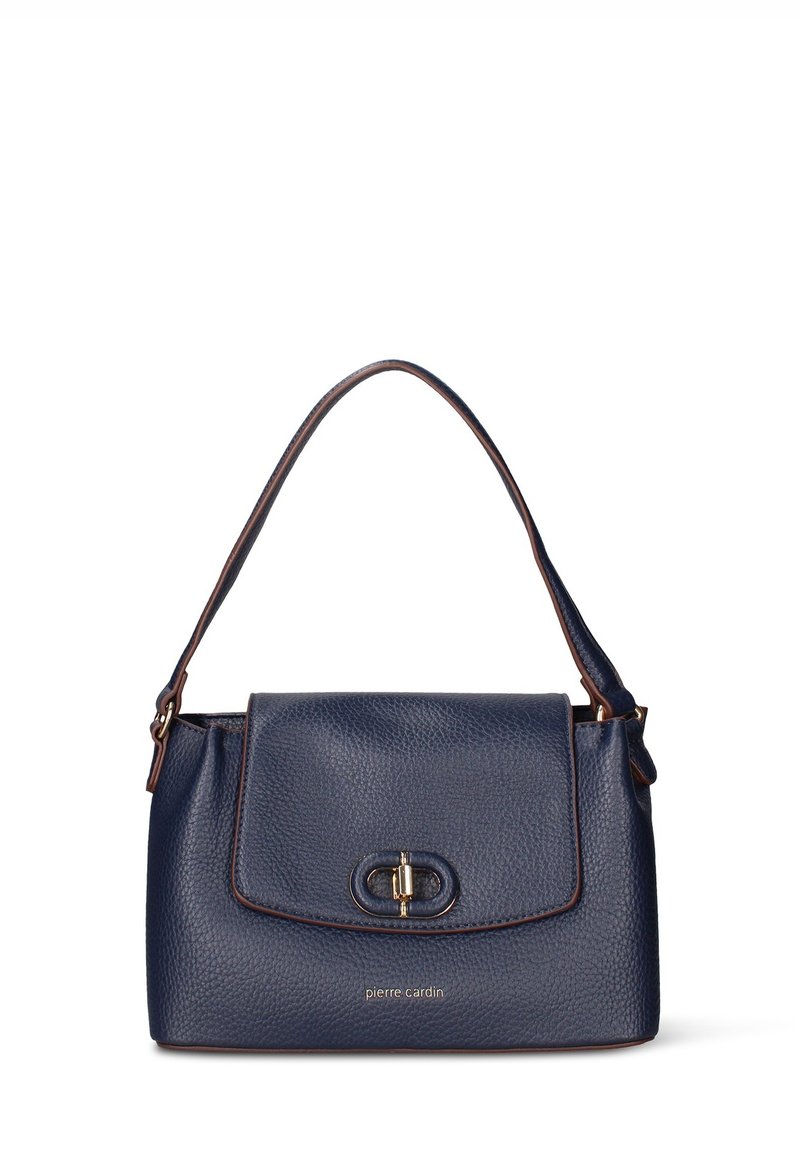 Donkerblauwe leren handtas met een gestructureerde afwerking, goudkleurige hardware en een klep met sluiting. Voorzien van een enkele bovenkant handvat en logodetail.