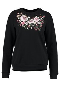 Sweatshirt noir avec broderie florale en rose, blanc et vert, col rond, et manches longues avec des poignets et un ourlet côtelés.