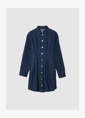 Vestito camicia in denim scuro con colletto, maniche lunghe, chiusura frontale con bottoni e dettagli plissettati, caratterizzato da bottoni lucidi color oro.