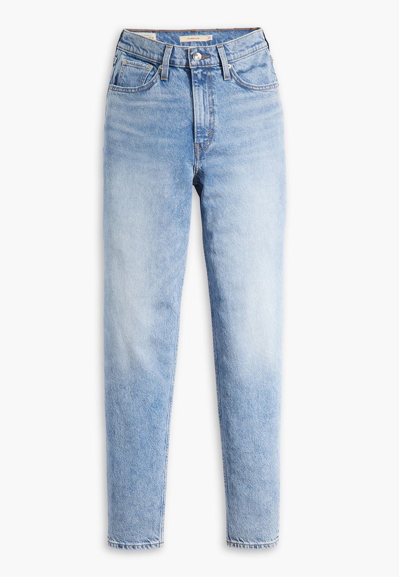 Jean slim bleu clair taille haute avec bouton à l'avant, fermeture éclair et cinq poches, présenté sur fond blanc.