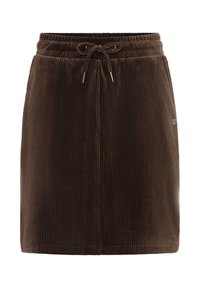 Jupe en velours côtelé marron avec une taille élastique et un cordon de serrage. Présente une texture à côtes verticales et un petit accent en métal avec logo.