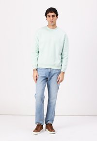 Lys mintgrøn crewneck sweatshirt lavet af bomuldsblanding, parret med lyseblå denimjeans. Brune snøresko og en neutral baggrund.