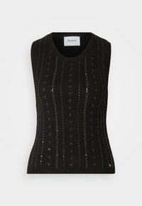 Zwarte mouwloze top met geribbelde textuur, voorzien van verticale lijnen met kleine, glanzende pailletten voor extra detail en visuele aantrekkingskracht.