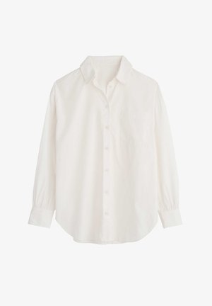 Biała koszula z długim rękawem, wykonana z lekkiej bawełny, z klasycznym kołnierzykiem, pojedynczą kieszonką na piersi oraz mankietami zapinanymi na guziki.