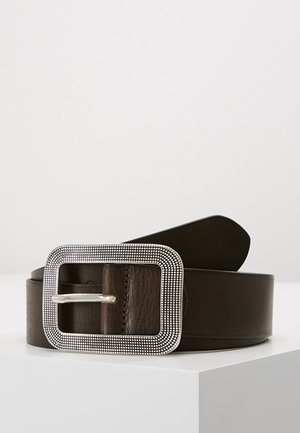 Dark brown leather belt with large rectangular silver buckle featuring a textured dotted pattern, coiled on a white surface.