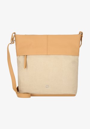 Beige and tan crossbody bag made of leather and canvas. Features a zip closure, adjustable strap, and a silver logo accent.