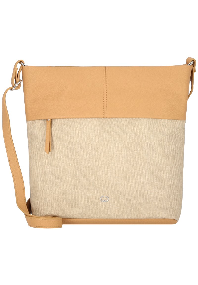 Beige och tan crossbody-väska gjord av läder och canvas. Har en dragkedjeförslutning, justerbar rem och en silverfärgad logotypdetalj.