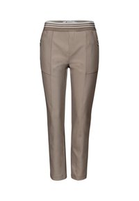 Taupe Slim-Fit-Hose mit gestreiftem Gummibund und seitlichen Reißverschlusstaschen, mit vorderen Nahtdetails.