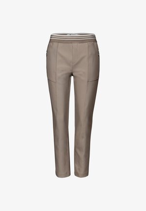 Elastyczne, dopasowane spodnie w kolorze taupe z paskiem w paski i zasuwanymi kieszeniami po bokach, z ozdobnymi szwami z przodu.