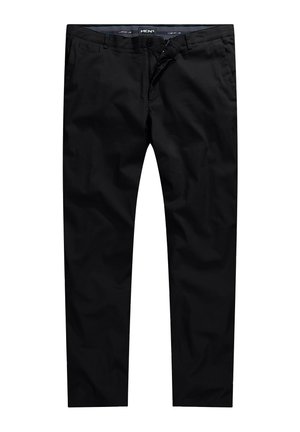 Schwarze Hosen aus glattem Stoff, mit flachem Frontdesign, Gürtelschlaufen und Seitentaschen. Das Design ist schlicht ohne sichtbare Muster oder Akzente.