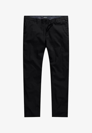 Schwarze Hosen aus glattem Stoff, mit flachem Frontdesign, Gürtelschlaufen und Seitentaschen. Das Design ist schlicht ohne sichtbare Muster oder Akzente.
