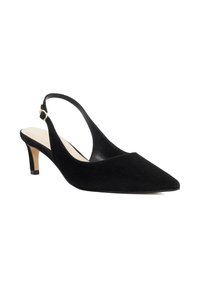 Black suede slingback heels with a pointed toe design, featuring a thin ankle strap and a small, tapered heel for stability.