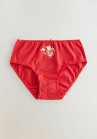 Rote Baumwollunterhose mit einem floralen Igelmuster, verziert mit einem dekorativen Rand und einer Schleife am Bund. Weicher, glatter Stoff.
