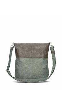 Borsa a tracolla in tessuto verde con parte superiore in pelle grigio scuro. Dotata di tracolla e di una forma rettangolare strutturata.