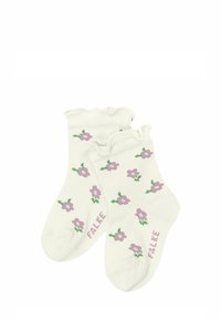 Białe bawełniane skarpetki z falbankami na górze, z wzorem różowych kwiatów i zielonych liści, z napisem "FALIE" w różowym kolorze po boku.