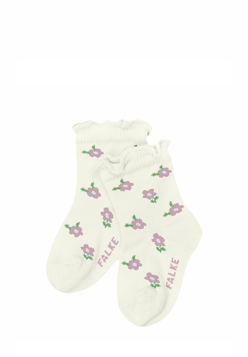 Białe bawełniane skarpetki z falbankami na górze, z wzorem różowych kwiatów i zielonych liści, z napisem "FALIE" w różowym kolorze po boku.