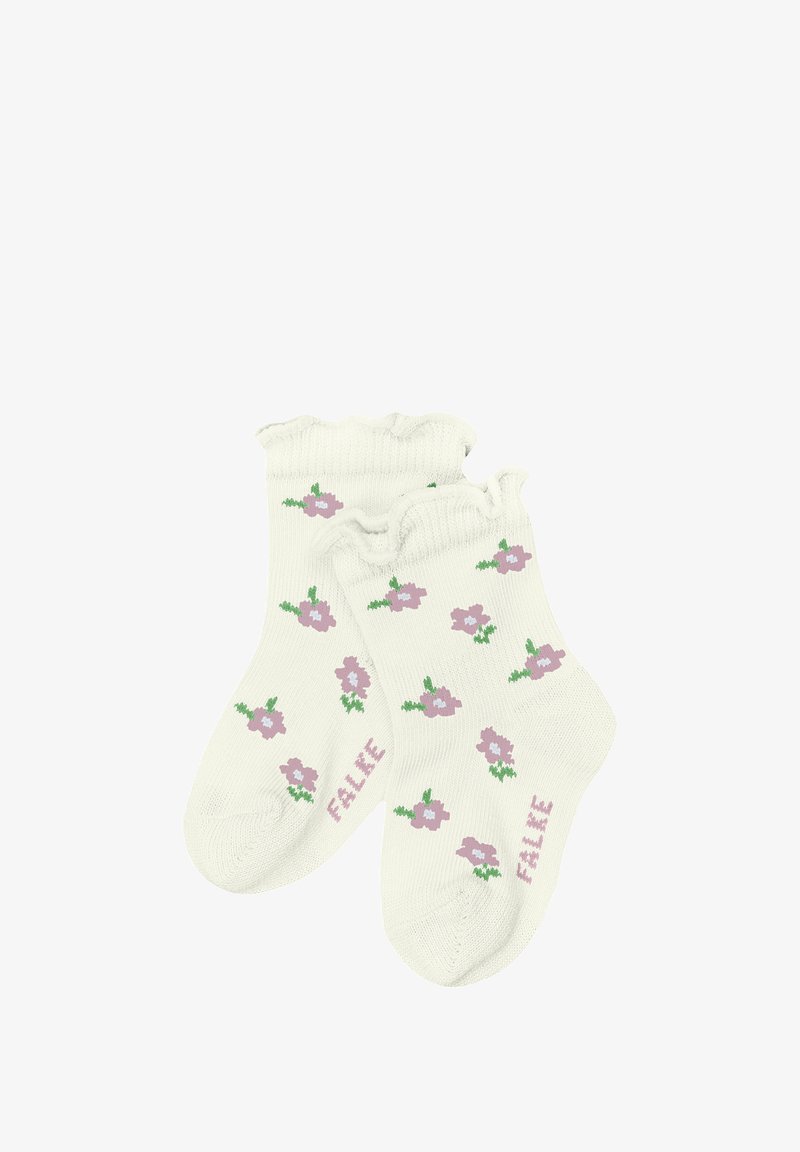 Białe bawełniane skarpetki z falbankami na górze, z wzorem różowych kwiatów i zielonych liści, z napisem "FALIE" w różowym kolorze po boku.