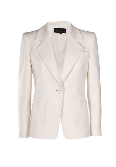 Witte op maat gemaakte blazer met gelapte revers, enkele knoop aan de voorkant, twee voorzakken en een borstzak. Glad materiaal met een gestructureerd ontwerp.