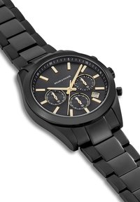 Black stainless steel watch with a round face, gold accents, three subdials, and a date display. Rigid band design with a sleek finish.