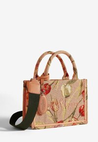 Borsa con motivo floreale in tonalità pesca, dotata di manici corti e di una tracolla regolabile, etichettata "Amore e Rose."