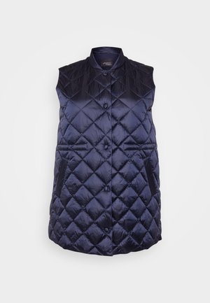 Navy quilted vest with a stand collar, front buttons, and side pockets. Made from a shiny, lightweight fabric with a diamond pattern.