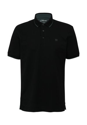 Schwarzes Poloshirt aus Baumwolle mit Kragen, einer Drei-Knopf-Leiste, kurzen Ärmeln und kontrastierenden dunkelgrünen Akzenten.
