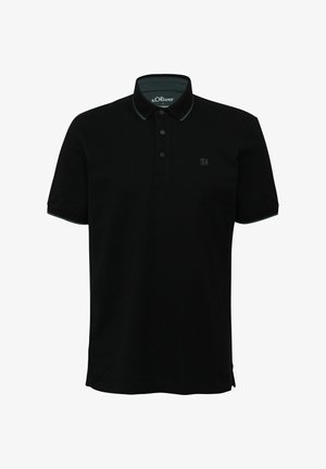Schwarzes Poloshirt aus Baumwolle mit Kragen, einer Drei-Knopf-Leiste, kurzen Ärmeln und kontrastierenden dunkelgrünen Akzenten.