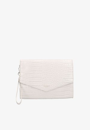 Witte clutch met krokodillenstructuur, polsbandje en envelopklep, klein Ted Baker London-logo aan de voorkant in het midden.