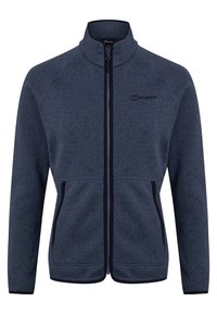 Marine blauwe fleecejack met hoge kraag, volledige rits, zijzakken en contrasterende donkere afwerking. Beschikt over een gestructureerde stof en logo-detail.