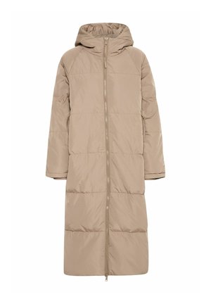 Beige pufferjack met capuchon, met een lange, rechte snit, geborduurde secties, een volledige ritssluiting aan de voorkant en twee zijzakken.