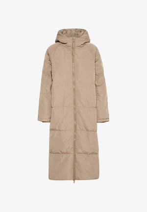 Beige pufferjack met capuchon, met een lange, rechte snit, geborduurde secties, een volledige ritssluiting aan de voorkant en twee zijzakken.