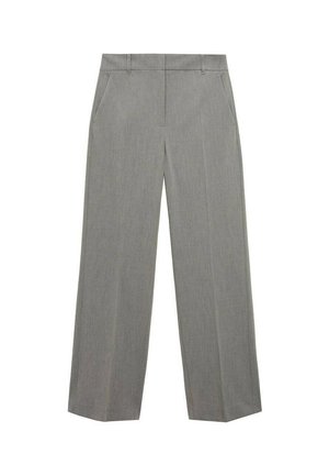 Pantalon gris fabriqué à partir d'un tissu lisse et léger. Dispose d'un design à jambe droite, de deux poches latérales et de passants de ceinture à la taille.