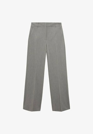 Grey trousers made from a smooth, lightweight fabric. Features a straight-leg design, two side pockets, and belt loops at the waistband.